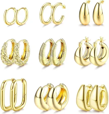 Obrázek produktu pro JeweBella 9 párů zlaté obruče náušnice set Dámy dívky 14K pozlacené robustní malé zlaté obruče náušnice set styl A