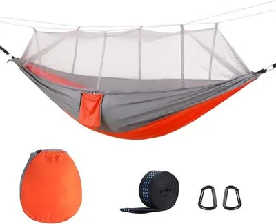 Produktbild von Famanu Hängematte mit Moskitonetz - Nylon Swing für Outdoor Aktivitäten - Grau-Orange