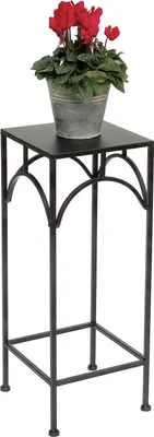 A potted plant with red flowers sits on a black metal plant stand.