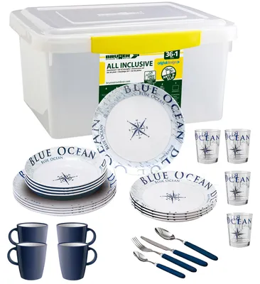Produktbild von BRUNNER Camping Geschirr Set 4 Personen | Anti-Slip | All Inclusive BLUE OCEAN, 36-tlg.