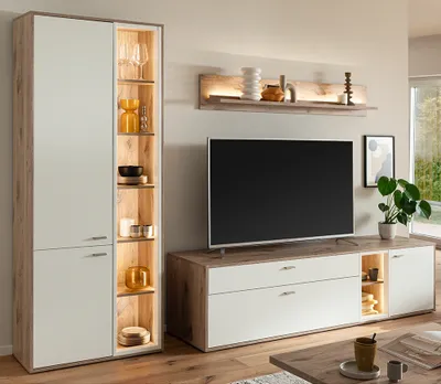 Produktbild von Wohnwand in Eiche und weiß modern mit LED-Beleuchtung, 3-teilig - SAGUNTO-05