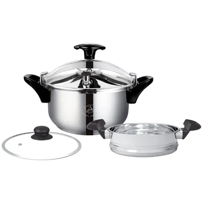 Produktbild von Schnellkochtopf 4 Liter  Edelstahl Druckkochtopf mit Dampfkorb & Glasdeckel  Induktionsgeeignet  Sicheres und Schnelles Kochen – Royal Swiss