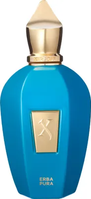 A product shot of a blue perfume bottle with a gold cap and accents.