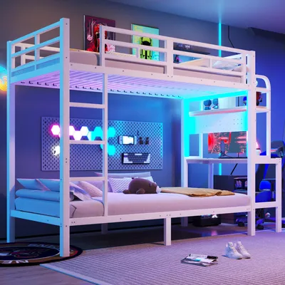 Produktbild von STILVORA Etagenbett 90x200cm mit Matratze Jugendbett mit Sicherheitsgeländer und Leiter, Kinderbett mit Schreibtisch und Ablagefach, Metallbett mit LED-Lichtleiste und USB-Anschluss, Weiß