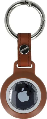 A brown leather case for an Apple AirTag with a silver keyring.