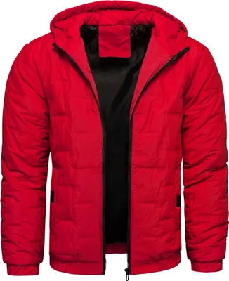 A red winter jacket with a black lining is shown.