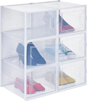 Produktbild von Relaxdays Schuhboxen 6er Pack, mit Tür, Schuhorganizer, stapelbar, Schuhe bis Größe 48, Lüftungsschlitze, transparent