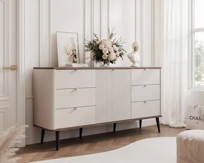 Produktbild von Geriffelte Kommode NAVANI 160 cm mit 6 Schubladen Soft-Close-System Aufbewahrungsschrank Stehend Stauraummöbel Schubladenschrank mit schwarze Griffe Wohnzimmer Stauraum Kaschmir + Nussbaum