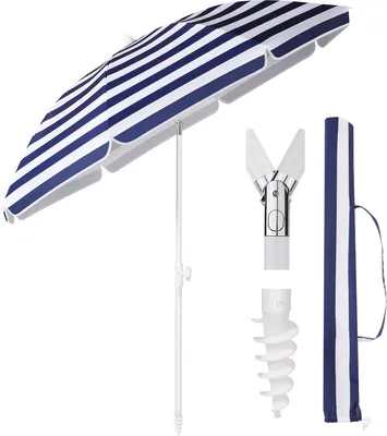 Produktbild von Sekey Sonnenschirm, rund, 160cm Durchmesser, 190cm Höhe, Stangendurchmesser 22/25mm, blau-weiß gestreift, aus Polyester & Metall, UV-Schutz 50+, neigbar & höhenverstellbar, für Garten & Strand, 2-teilig, 8 rostfreie Metallstreben, 3-in-1 Set mit Erdspieß, Schutzhülle & Sandanker