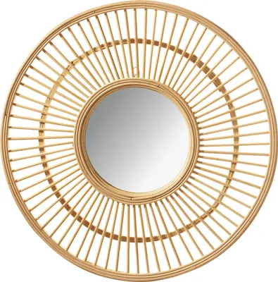 A round mirror with a rattan frame.