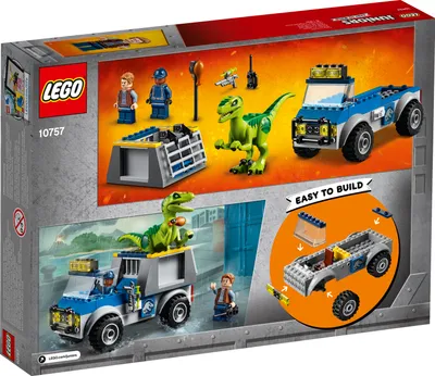 The image shows the back of a LEGO Juniors Jurassic World raptor rescue transporter toy box, displaying the contents and some action scenes.