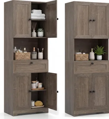 Produktbild von COSTWAY Badezimmerschrank, Hochschrank mit 4 Türen & 1 Schublade, offenes Fach, 3-Fach Regal, Aufbewahrungsschrank, 60 x 35 x 171,5 cm, Grau