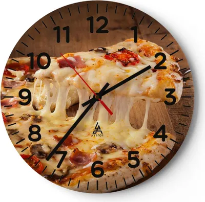 Produktbild von Wanduhr - Rund - Glasuhr - Pizza Käse Tomaten - 40x40cm - Schleichendes Uhrwerk - Lautlos - zum Aufhängen bereit - Dekoration Modern - Wanddekoration aus Glas - C4AR40x40-3784