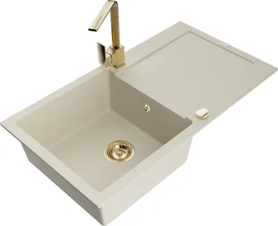 Immagine prodotto di Mexen Leo lavello da cucina in granito con una vasca e sgocciolatoio e rubinetto cucina Rita, beige - 6501-69-670300-50