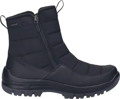 A black winter boot is shown against a white background.
