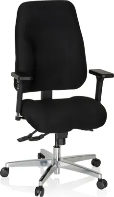 A black office chair with silver accents is shown against a white background.