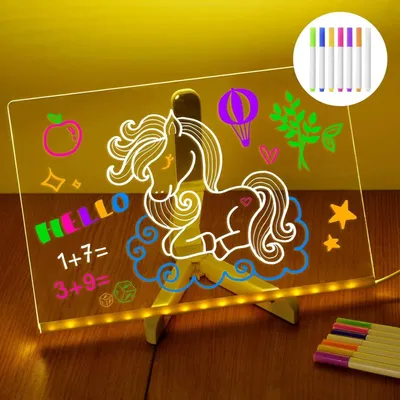 Produktbild von Leuchtende LED Zeichenbrett, Acryl Notiztafel mit 7 Farben Stift und Ständer, LED Notiztafel Transparente Schreibtafel maltafel, Abwischbar, Memo