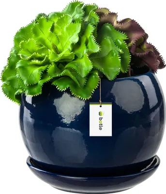 Produktbild von Blumentopf Blumenübertopf dunkel blau Kugel Blumenschale mit Untersetzer Rund BxH 110 mm x 100 mm Oberfläche Glanz Keramik Modern Glamour