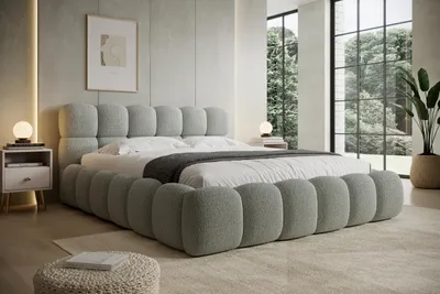 Produktbild von Polsterbett NUVIO 140x200 cm – Modernes Bouclé-Doppelbett mit gepolstertem Kopfteil – Hellgrau – 140x200x87 cm
