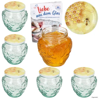 Image de Ensemble de 6 pots en verre pour confitures, capacité de 580 ml, avec couvercle en verre et étiquette