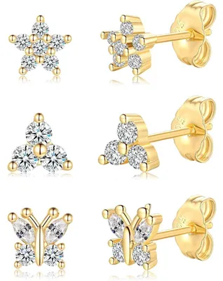 Productafbeelding van Oorbellen set, 3 paar, 925 sterling zilver, hypoallergeen, kubische zirkonia, wit, kleine steekringen