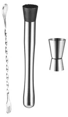 Produktbild von 3-teiliges Cocktail-Mixer-Set aus Edelstahl: Rührlöffel, Zitronen-Stampfstab, 15 ml, 30 ml, Messbecher, Bar-Zubehör