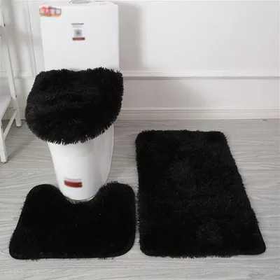 Produktbild von Badteppich Set 3 Teiliges, rutschfeste Shaggy Badematte, Flauschig Contour Badteppich, Langflor Toilettensitzbezug Schwarz