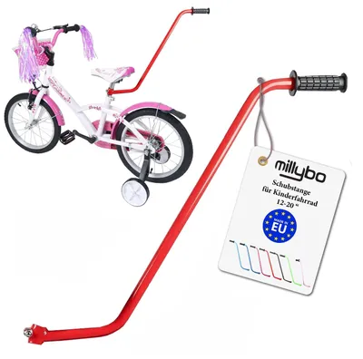 Produktbild von MILLYBO Fahrrad Schubstange für Kinderfahrrad 12–20 Zoll, Fahrrad Lernhilfe, Elternstange, Schiebehilfe Fahrrad, Kinder Fahrradstange, Rot