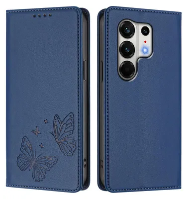 Image de Étui en cuir pour Tecno Camon 50 Pro 4G, étui de protection type portefeuille en cuir gaufré « papillon » avec support, bleu foncé