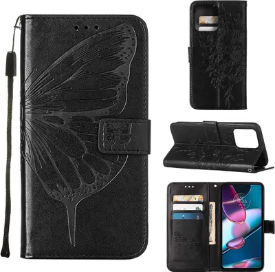 Produktbild von Lederhülle für Motorola Edge+ (2023) Schmetterling Prägung Flip Ledertasche Kartenfächer Handyhülle mit Ständer Schwarz