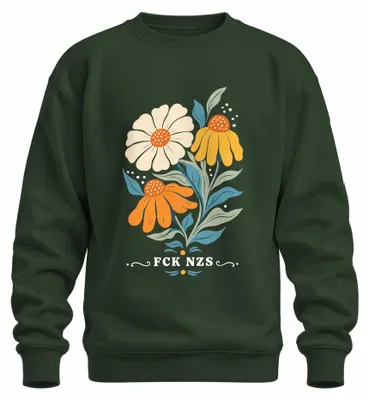 Imagen del producto de Sudadera con cuello redondo, estilo vintage, con estampado de girasoles, margaritas y flores silvestres, diseño llamativo y con un toque de sarcasmo, color verde botella, talla M