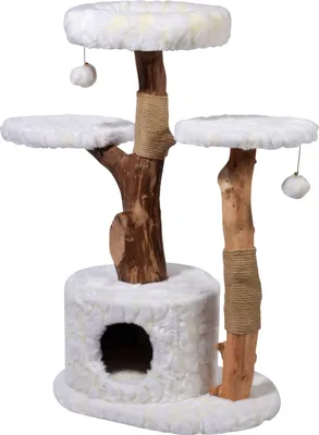 Produktbild von dobar Design-Kratzbaum "Frosty" mit Naturstämmen und Spielball, Katzenmöbel mit Katzenhöhle und drei Liegeflächen, 60 x 45 x 110 cm, weiß