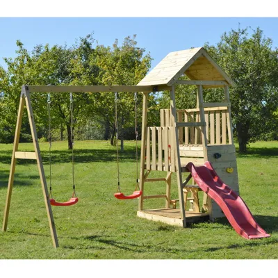 Image de Wendi Toys Maison de jeux pour enfants, tour à grimper "Flamingo" avec toboggan, mur d'escalade, coin salon et 2 balançoires bois / rouge