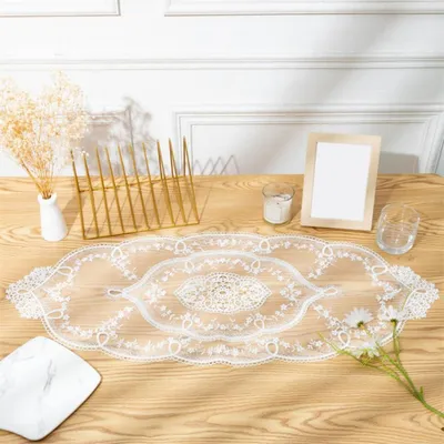 Immagine prodotto di Runner da tavolo ovale, ricamato con motivo floreale, bianco, 42x180 cm, in poliestere