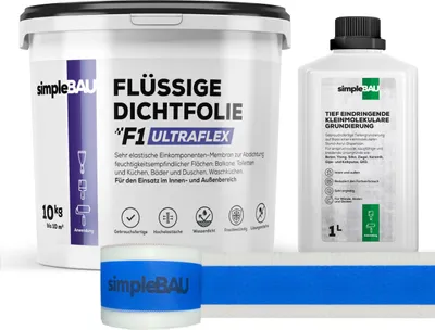Produktbild von SimpleBau Flüssigfolie Dichtfolie F1 Ultraflex 10 kg + Tiefengrund 1L und Elastisches Dichtband 5M , Abdichtung für Bad, Dusche, Balkon , Wasserfest