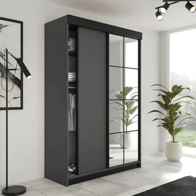 Produktbild von LAMARO Schiebetürenschrank 138x205 Schrank Kleiderschrank Garderobe, mit Kleiderstangen und Fächern, mit Spiegel, 2-türig - Anthrazit