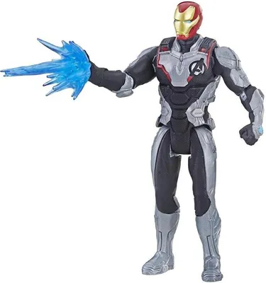 A toy action figure of Iron Man in his Avengers Endgame suit, firing a blue energy blast from his hand.