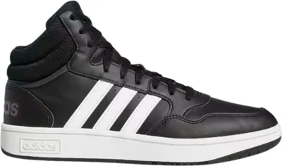 A studio shot of a black and white Adidas Hoops 3.0 Mid Classic Vintage sneaker.