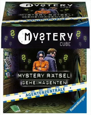 The image shows the front of a board game box, depicting two characters in a detective-themed setting.