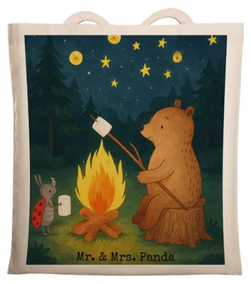 Produktbild von Mr. & Mrs. Panda einkaufsshopper Bär & Marienkäfer Lagerfeuer Design - Weiß - Geschenk, Tasche, Laptoptasche, Tote Bag, Tragetasche, Teddy, Baumwollbeutel, Beutel
