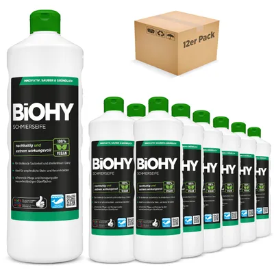 Produktbild von BiOHY Schmierseife, Schmierseifenlösung, Fußbodenreiniger, -Konzentrat – 12er Pack (12 x 1 Liter Flasche)