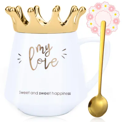 Produktbild von Tasse mit Deckel, Löffel und Untersetzer, 340 ml, Keramik, Schwarz, Geschenk für Frauen
