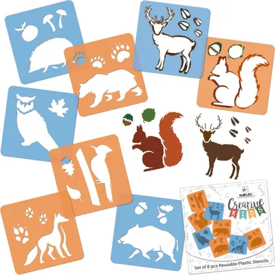 Produktbild von Schablonen Malen für Kinder, 8 Stück Set 15x15 cm Waldtiere, Kinder Kreatives Zeichenschablonen, Kunststoff Wiederverwendbar Malschablone