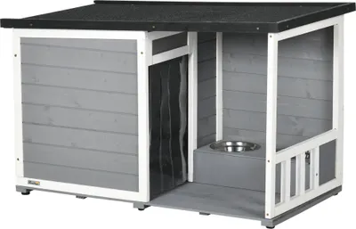 Immagine prodotto di Cuccia per cani PawHut, in legno di abete, cuccia per cani, cuccia per piccoli animali con 2 ciotole, da esterno