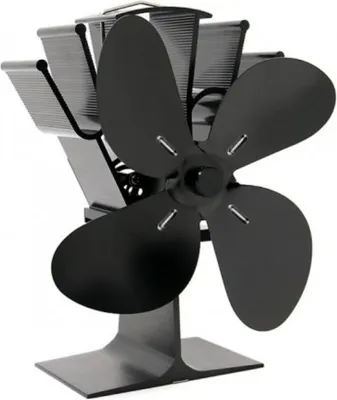 A black stove fan with four blades on a white background.