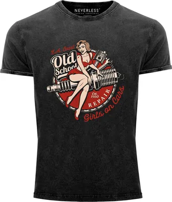 Produktbild von Neverless® Herren T-Shirt Vintage Shirt Printshirt Girls on Cars Retro Vintage Print Pin up Girl Logo Aufdruck Used Look Slim Fit schwarz XL