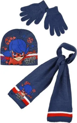 Produktbild von Miraculous Ladybug Mädchen Winter Strick Set 3 tlg. Mütze + Handschuhe + Schal blau 54
