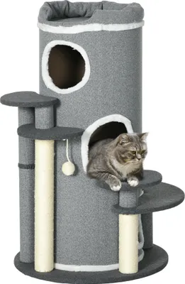 Produktbild von PawHut Katzen Kratztonne 99 cm Spieltonne Kratzbaum Katzenbaum mit Katzenbett, Spielball, Plattformen, Katzenkratzbaum mit 3 Türen, Katzenmöbel, Grau