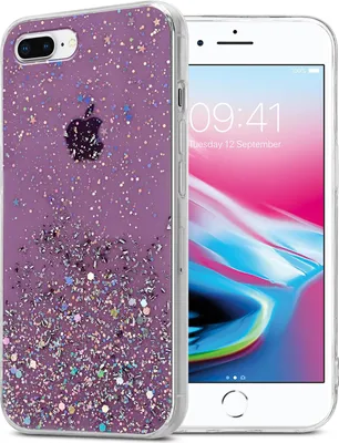 A phone case with glitter is shown next to a smartphone.