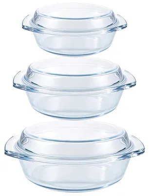 3er-Set Glasschalen mit Deckel, 1000/1400/1700 ml, rund, ofenfest